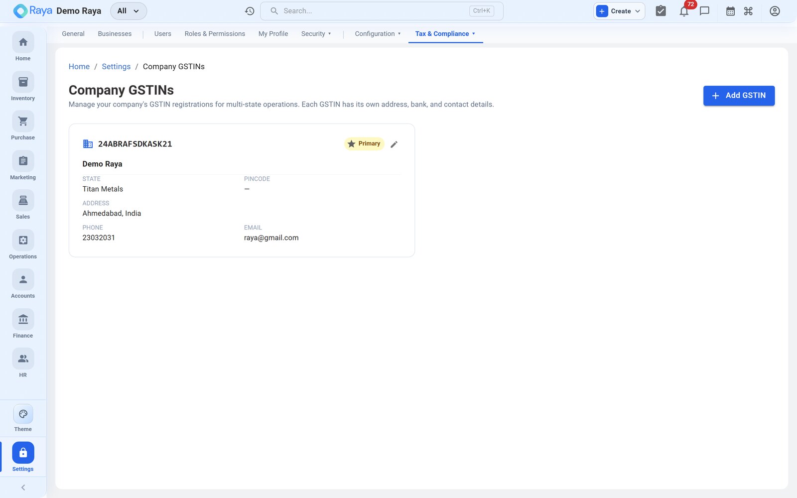 Settings — GSTIN Profiles